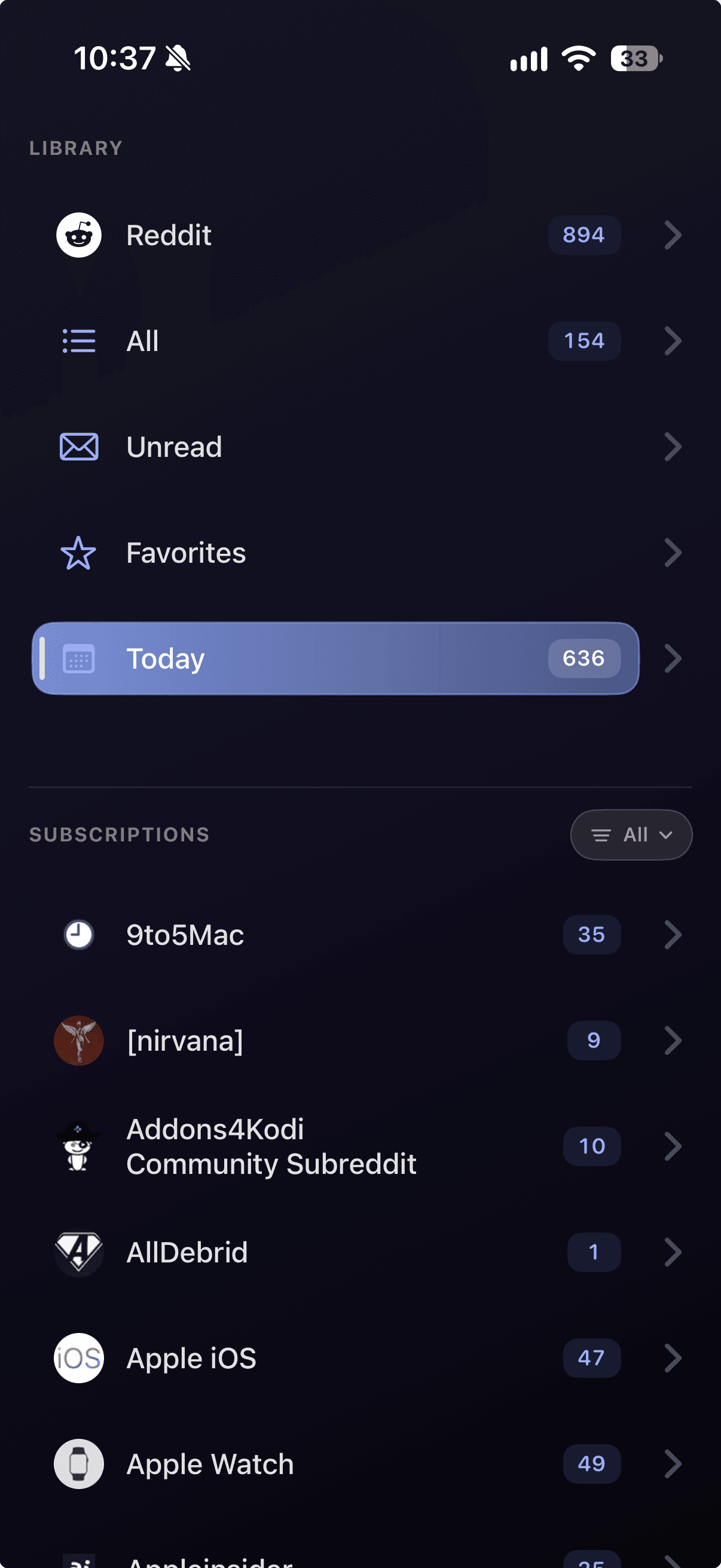 RSSum on iPhone: library and subscriptions