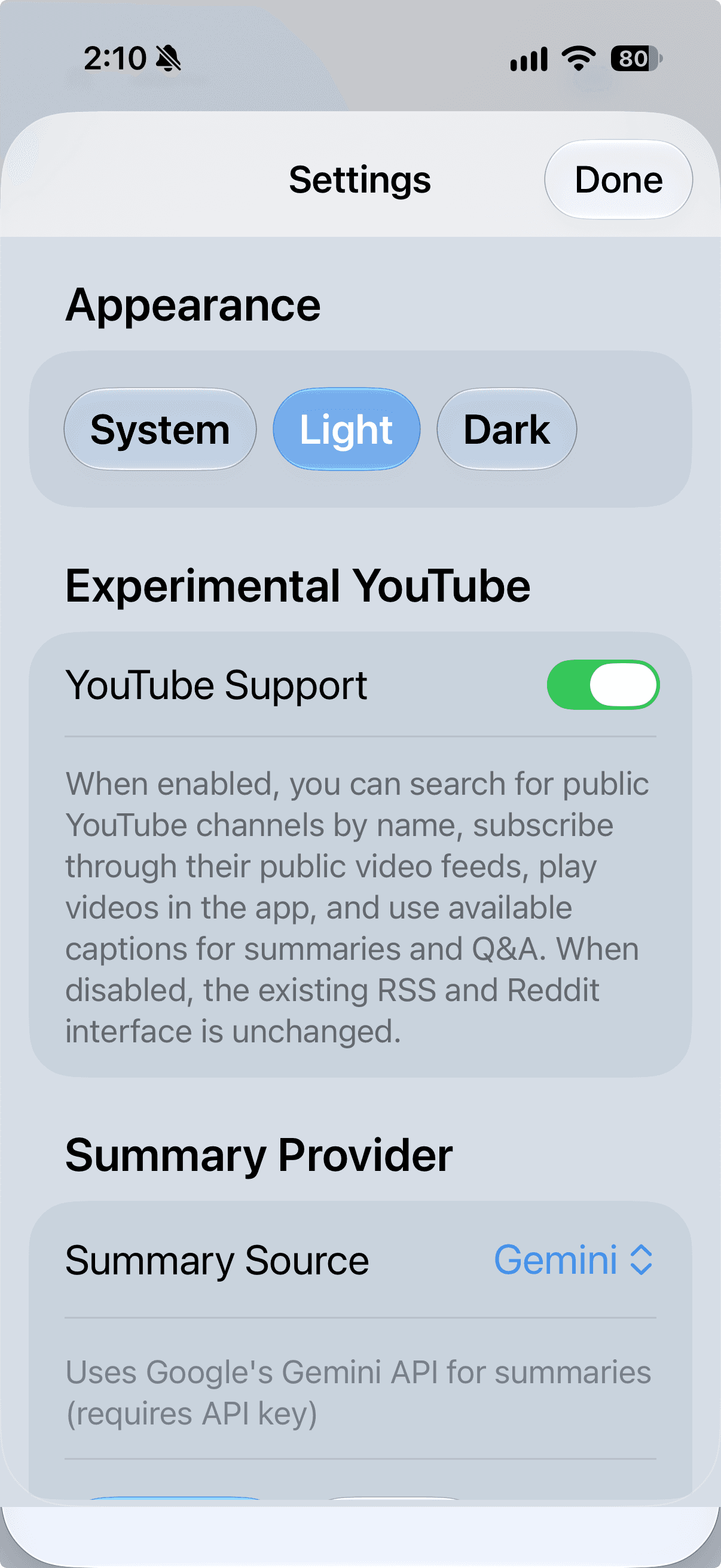 RSSum on iPhone: settings · light