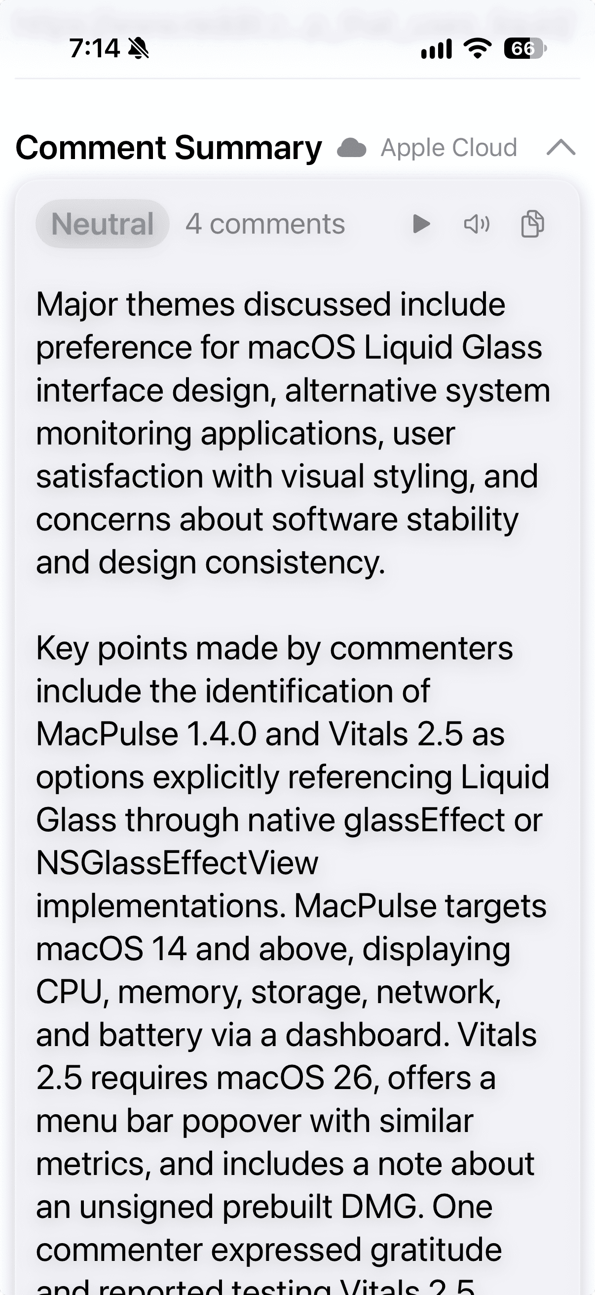 RSSum on iPhone: comment summary · light
