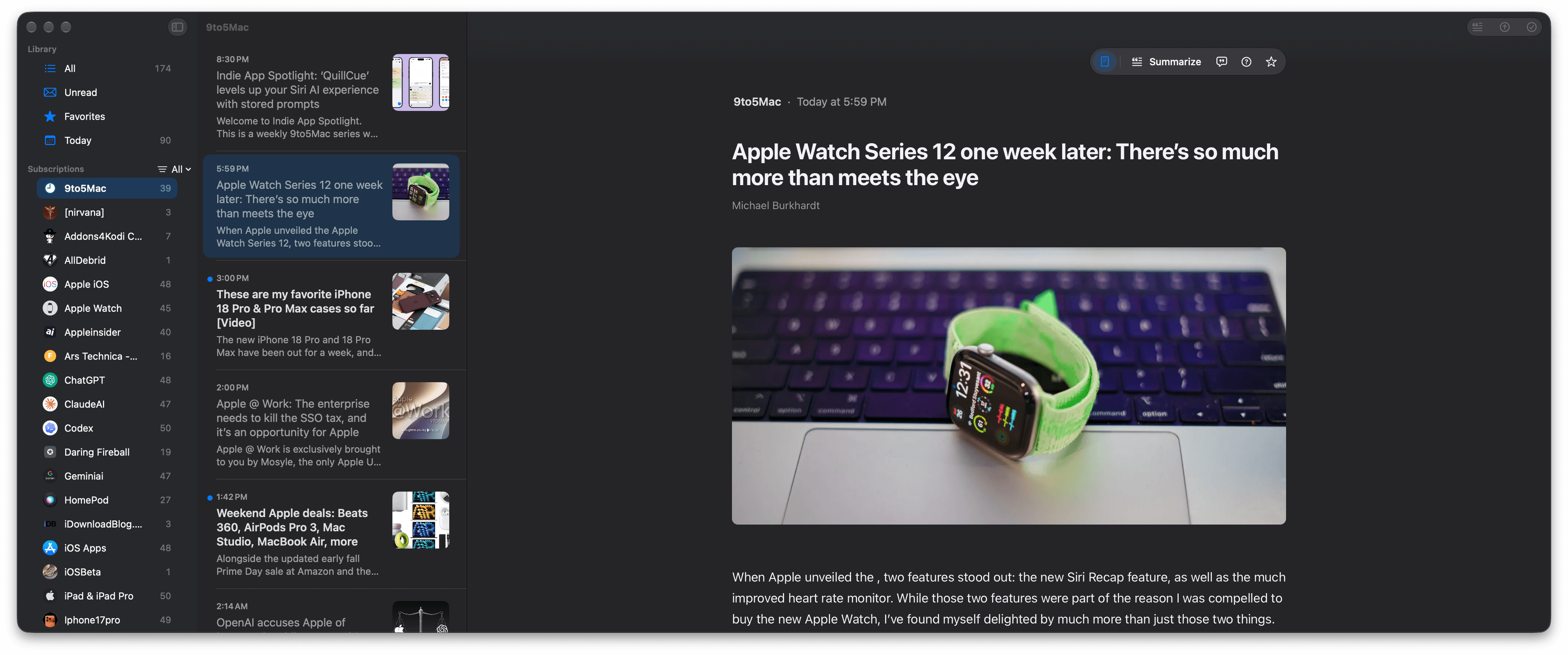 RSSum on Mac: article reader, dark mode