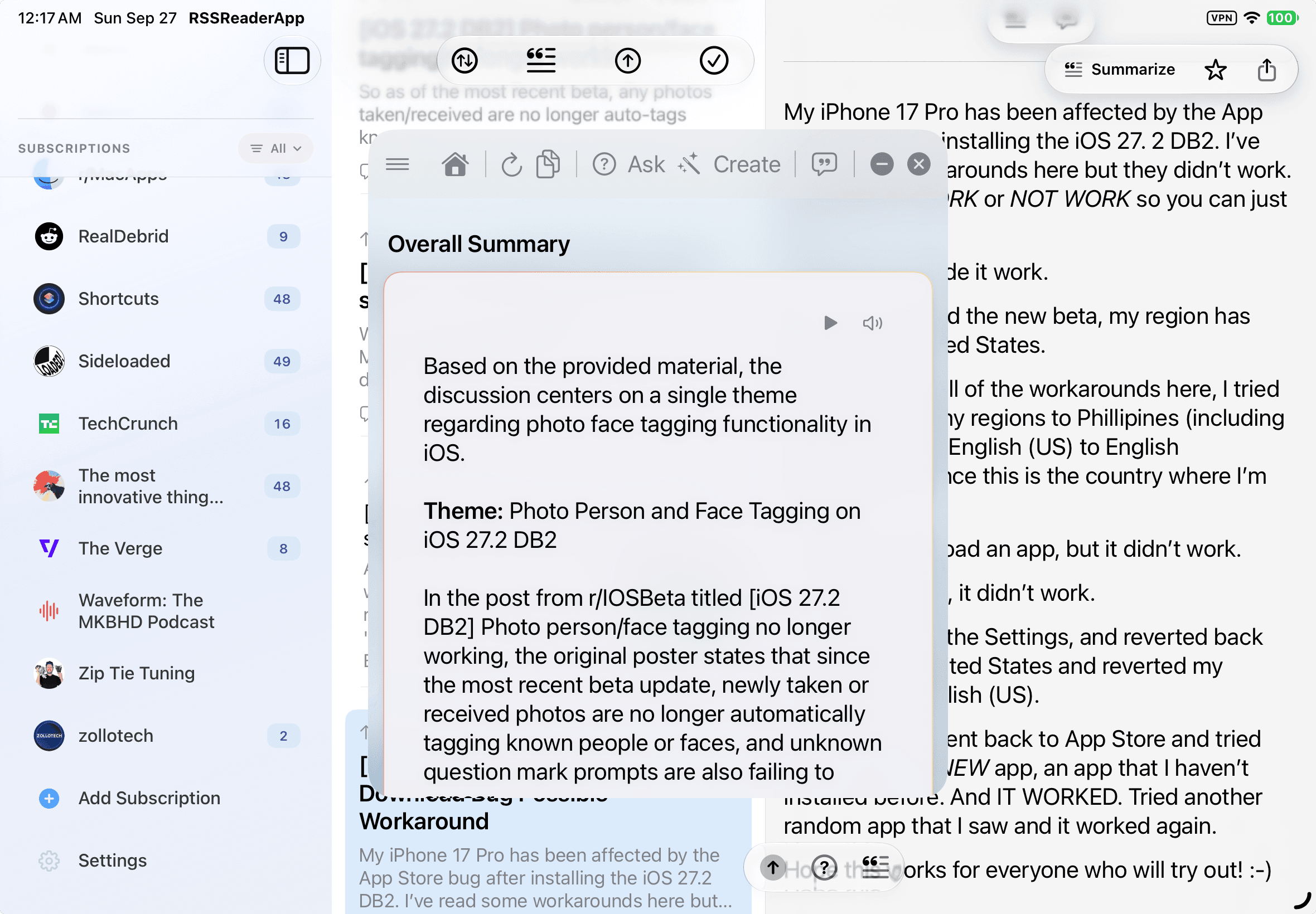 The overall summary of the latest r/iOSBeta posts on iPad, open over the subreddit feed and a post