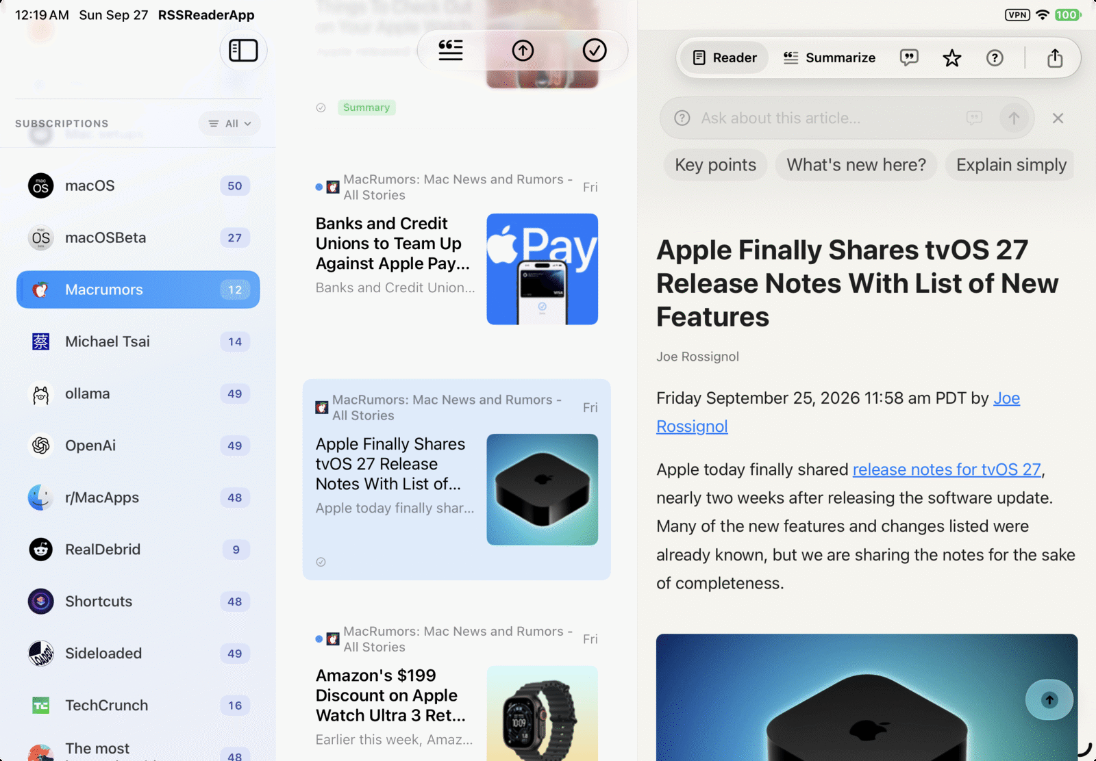 RSSum on iPad: the Ask bar above a MacRumors article with suggested questions, then the answer to What are the key points of this article, in three columns and in two columns