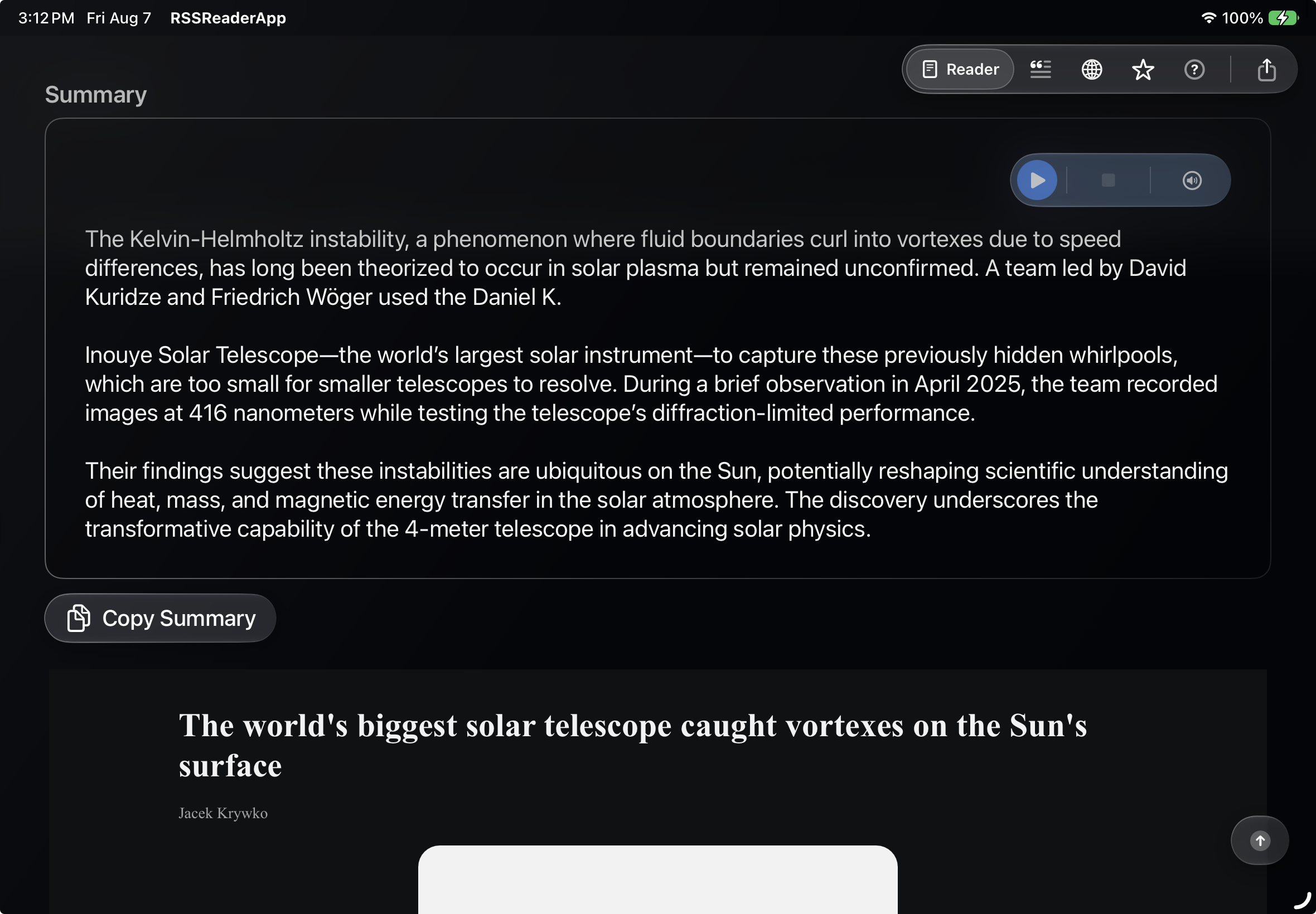 RSSReader article summary