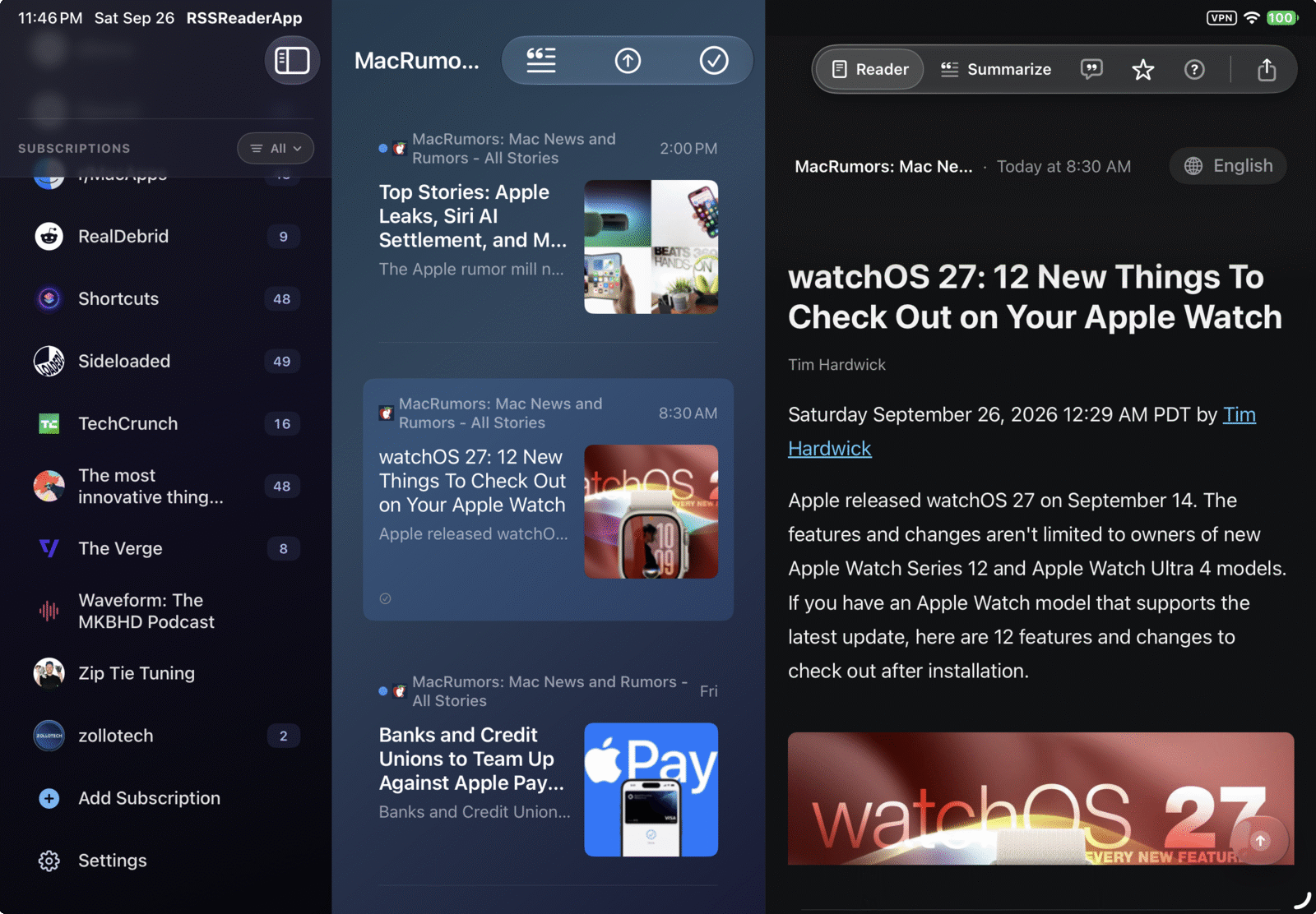 RSSum on iPad in three columns: subscriptions, the MacRumors article list and an open article, alternating between dark and light mode